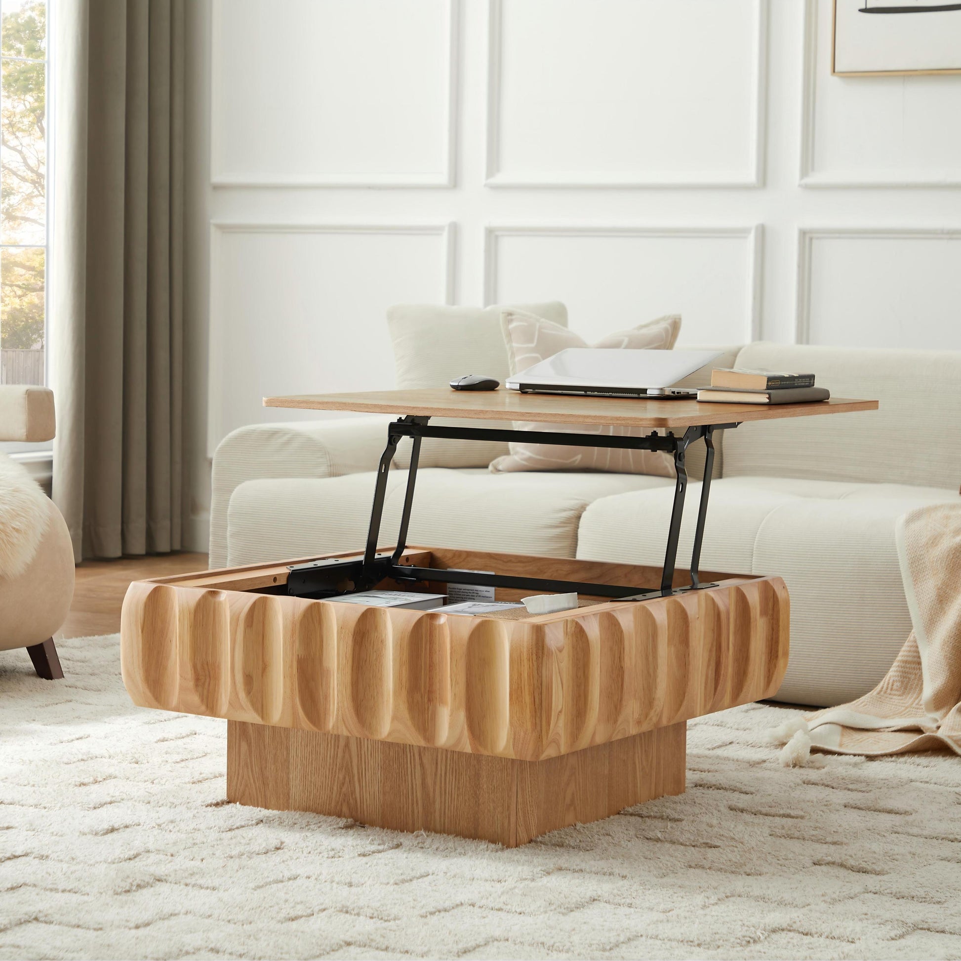 Square Lift-Top Coffee Table with Solid Wood Frame and Hidden Storage Coffee Table