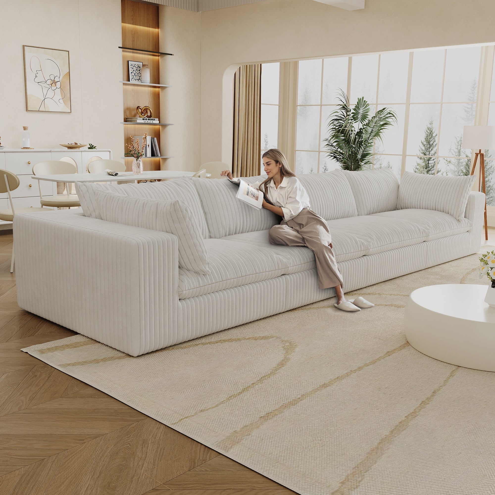 157.6'Cloud Sofa,Corduroy Fabric,Deep Seat Couches,Double-layer design,Removable Cushion,No Assembly,DIY Combination for Living room, Bedroom,Conference room ,Apartment,White - Groovy Boardz