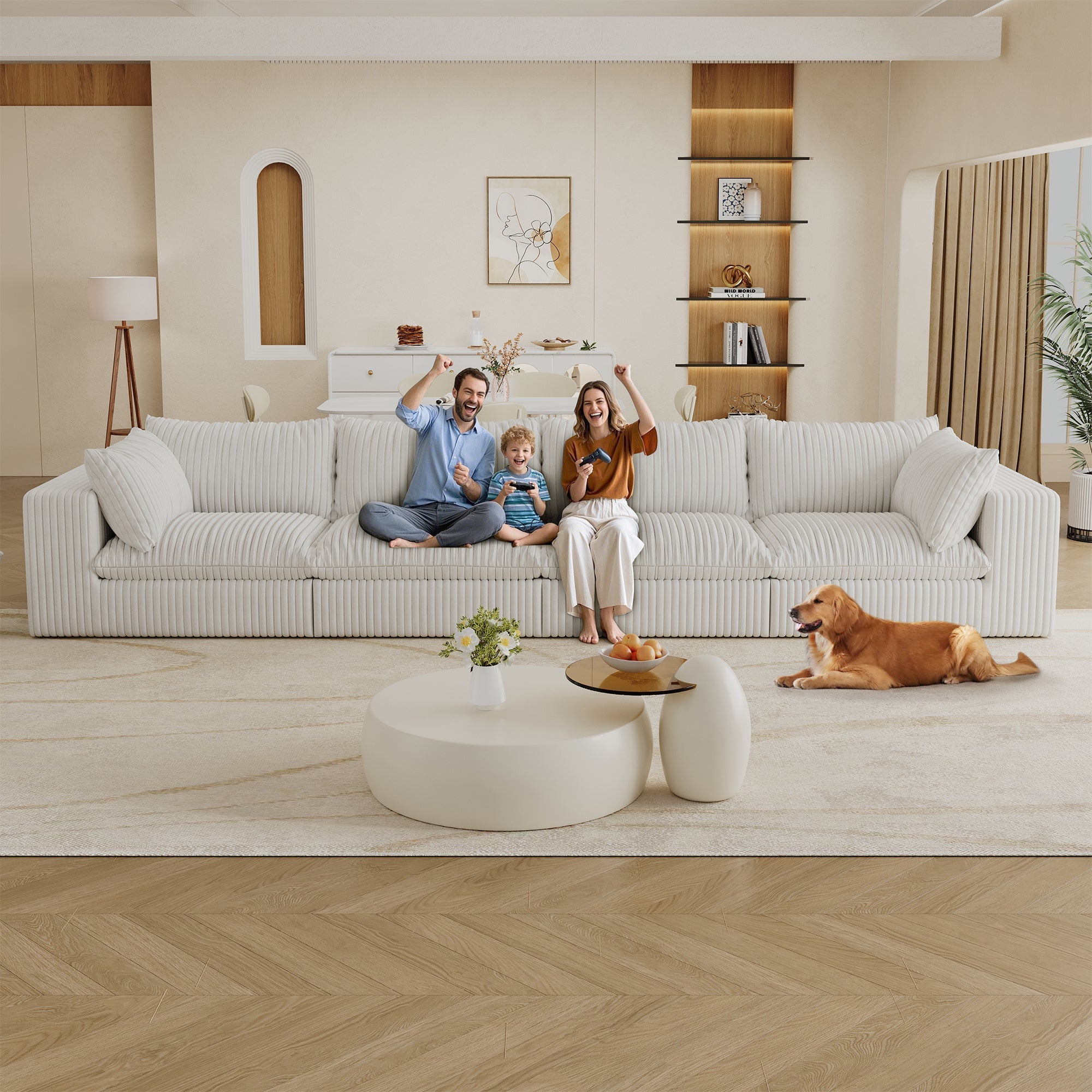 157.6'Cloud Sofa,Corduroy Fabric,Deep Seat Couches,Double-layer design,Removable Cushion,No Assembly,DIY Combination for Living room, Bedroom,Conference room ,Apartment,White - Groovy Boardz