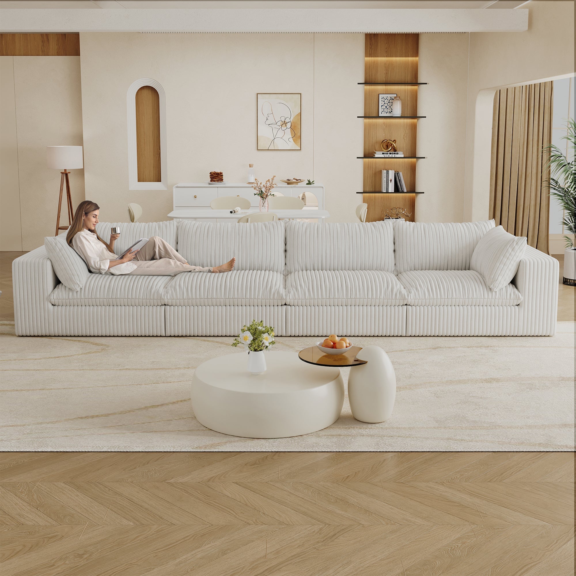 157.6'Cloud Sofa,Corduroy Fabric,Deep Seat Couches,Double-layer design,Removable Cushion,No Assembly,DIY Combination for Living room, Bedroom,Conference room ,Apartment,White - Groovy Boardz