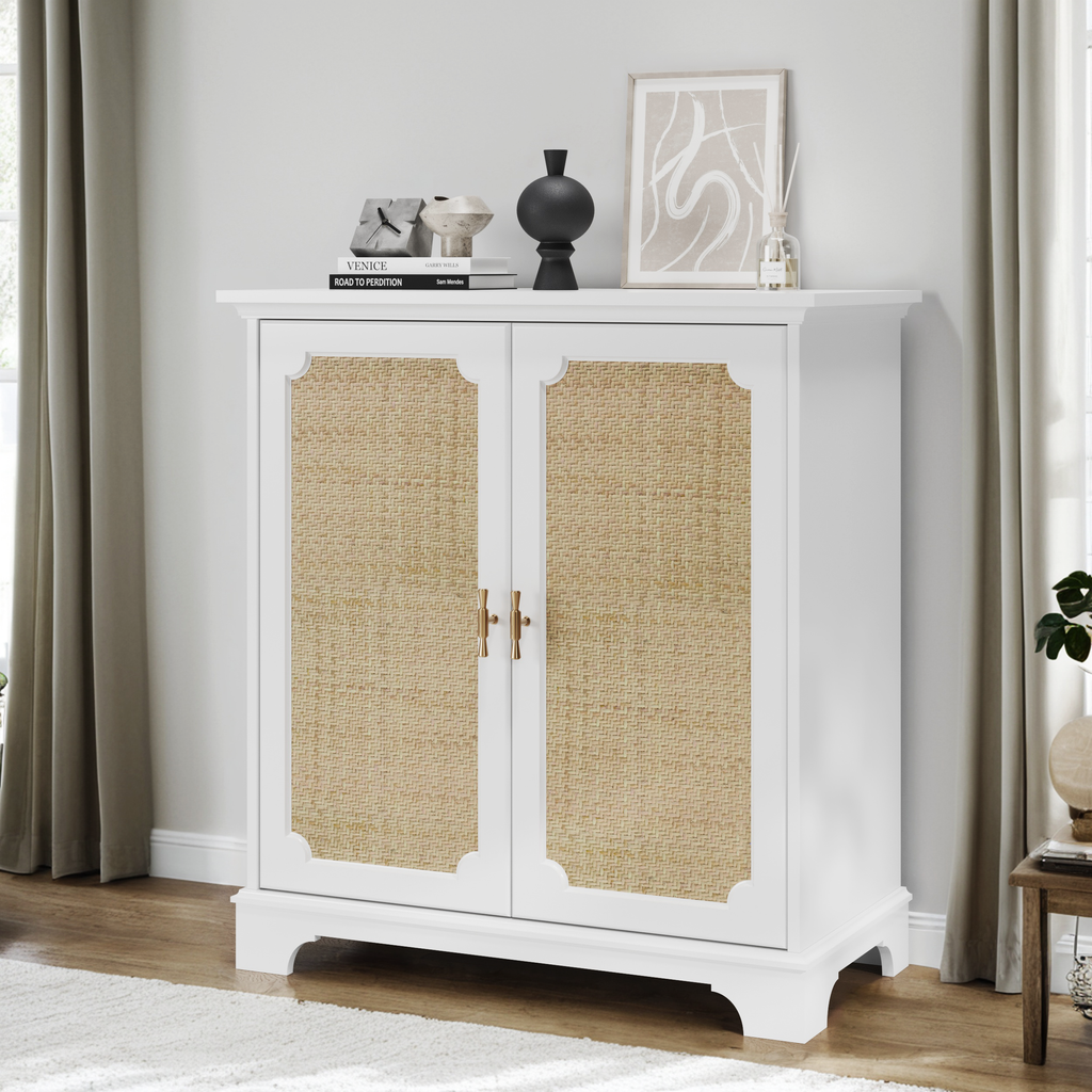 Rattan Decorated Sideboard Buffet Storage Liquor Cabinet, White Particle Board & MDF, 31.10 x 14.96 x 34.25 inches