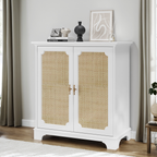 Rattan Decorated Sideboard Buffet Storage Liquor Cabinet, White Particle Board & MDF, 31.10 x 14.96 x 34.25 inches
