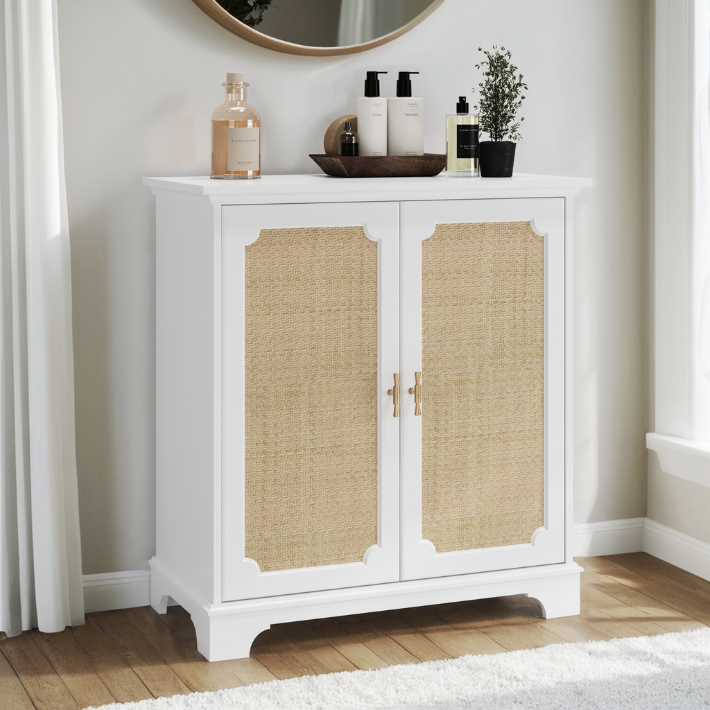 Rattan Decorated Sideboard Buffet Storage Liquor Cabinet, White Particle Board & MDF, 31.10 x 14.96 x 34.25 inches