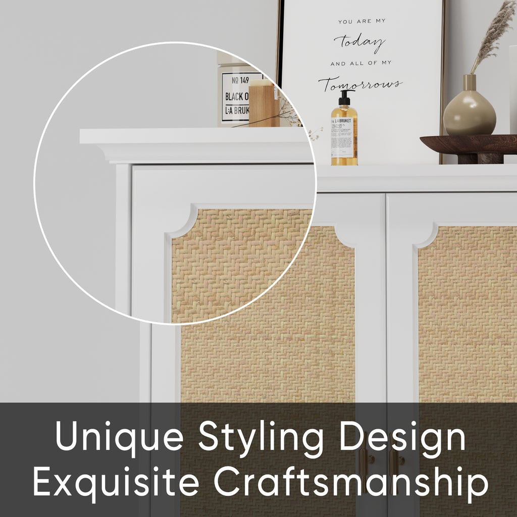Rattan Decorated Sideboard Buffet Storage Liquor Cabinet, White Particle Board & MDF, 31.10 x 14.96 x 34.25 inches