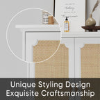 Rattan Decorated Sideboard Buffet Storage Liquor Cabinet, White Particle Board & MDF, 31.10 x 14.96 x 34.25 inches