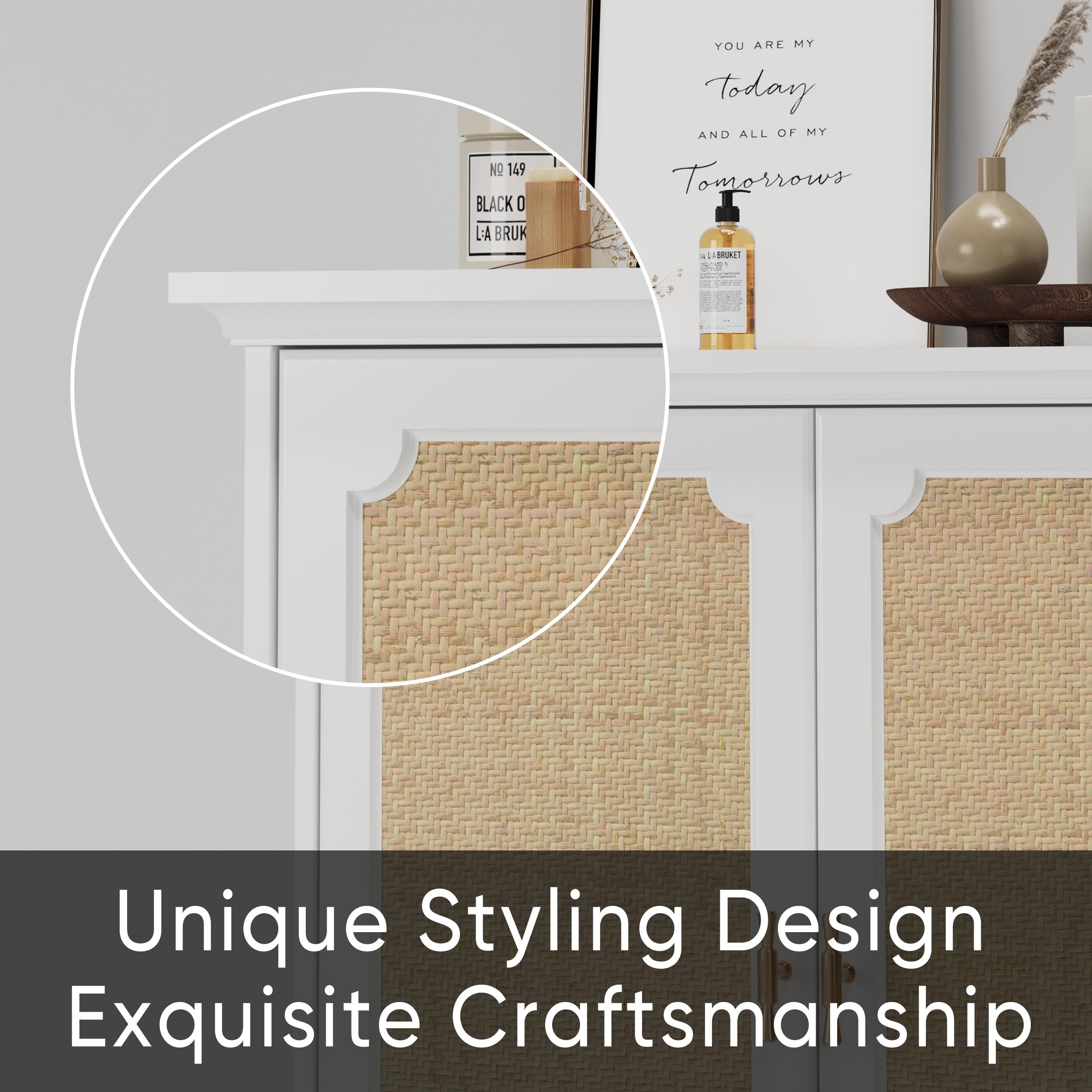 Rattan Decorated Sideboard Buffet Storage Liquor Cabinet, White Particle Board & MDF, 31.10 x 14.96 x 34.25 inches