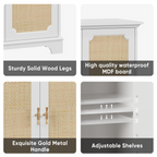 Rattan Decorated Sideboard Buffet Storage Liquor Cabinet, White Particle Board & MDF, 31.10 x 14.96 x 34.25 inches