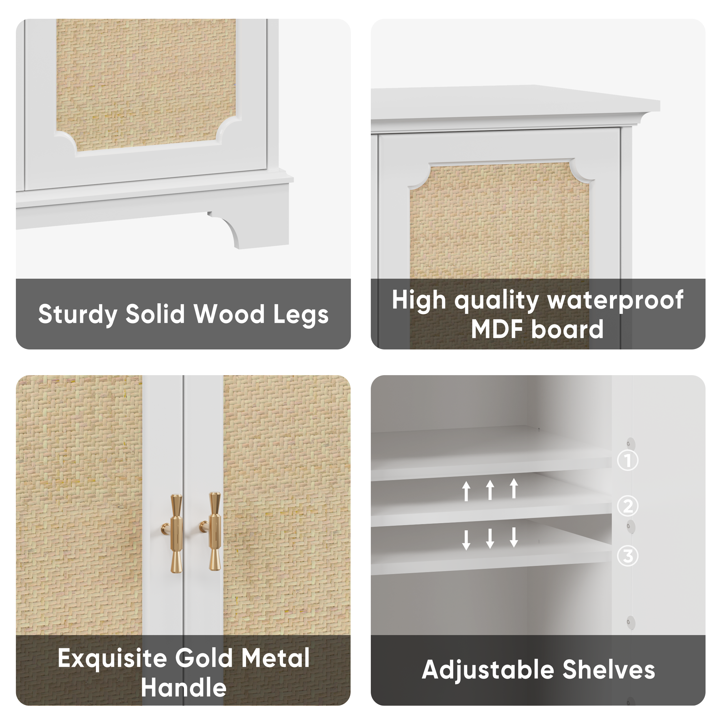 Rattan Decorated Sideboard Buffet Storage Liquor Cabinet, White Particle Board & MDF, 31.10 x 14.96 x 34.25 inches