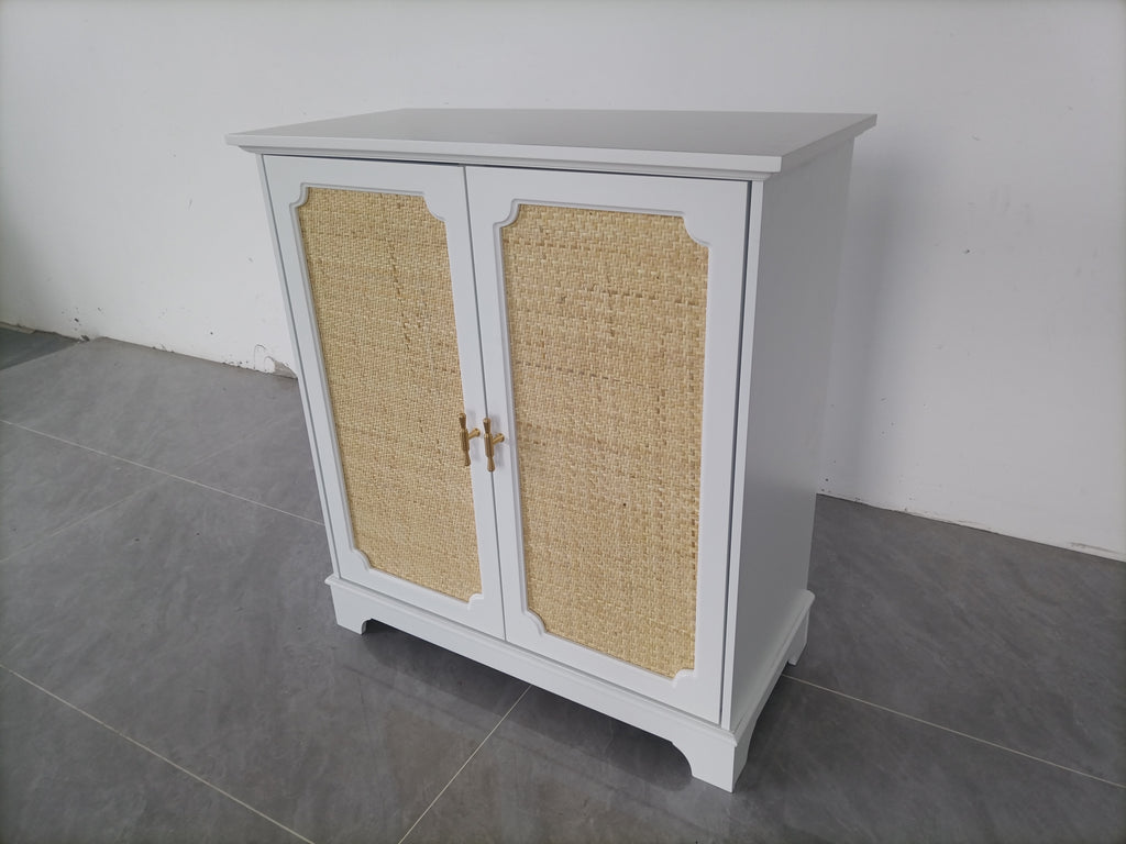 Rattan Decorated Sideboard Buffet Storage Liquor Cabinet, White Particle Board & MDF, 31.10 x 14.96 x 34.25 inches