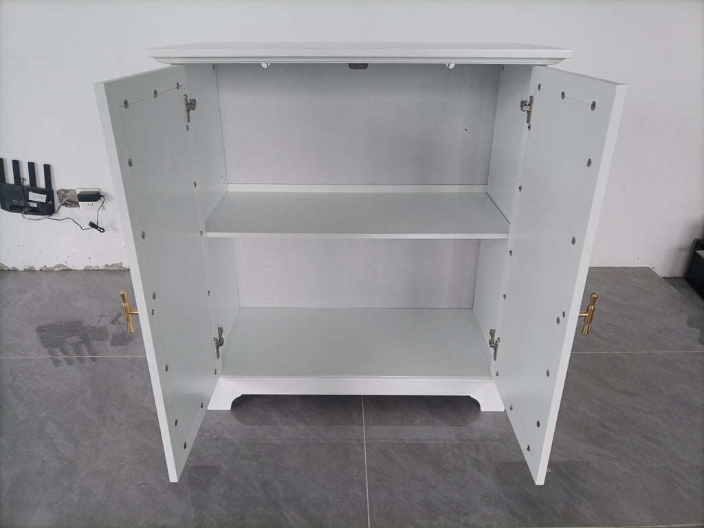 Rattan Decorated Sideboard Buffet Storage Liquor Cabinet, White Particle Board & MDF, 31.10 x 14.96 x 34.25 inches