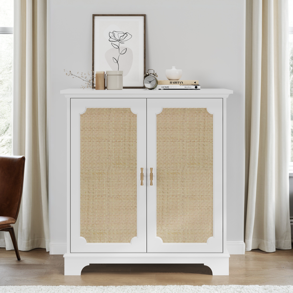 Rattan Decorated Sideboard Buffet Storage Liquor Cabinet, White Particle Board & MDF, 31.10 x 14.96 x 34.25 inches