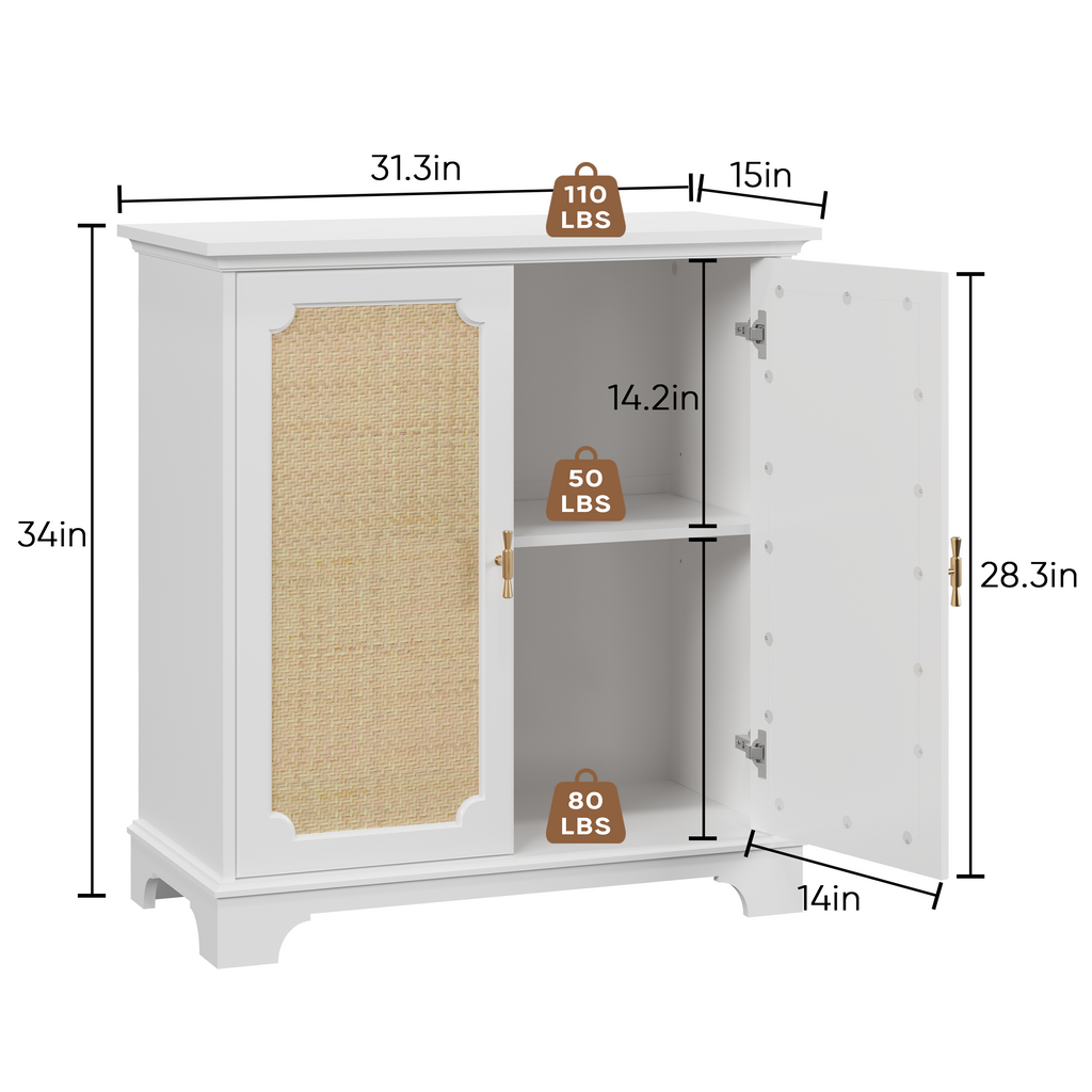 Rattan Decorated Sideboard Buffet Storage Liquor Cabinet, White Particle Board & MDF, 31.10 x 14.96 x 34.25 inches