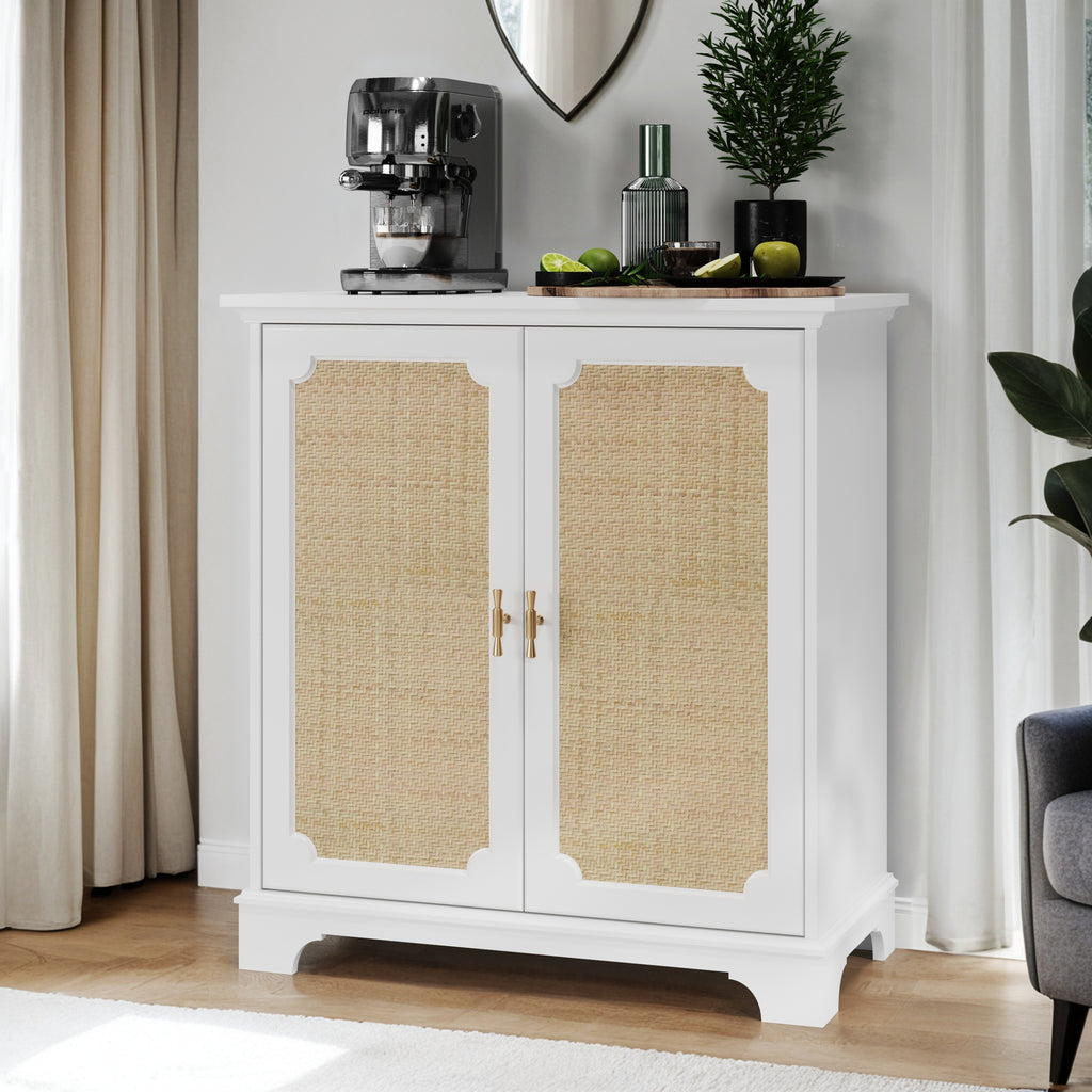 Rattan Decorated Sideboard Buffet Storage Liquor Cabinet, White Particle Board & MDF, 31.10 x 14.96 x 34.25 inches