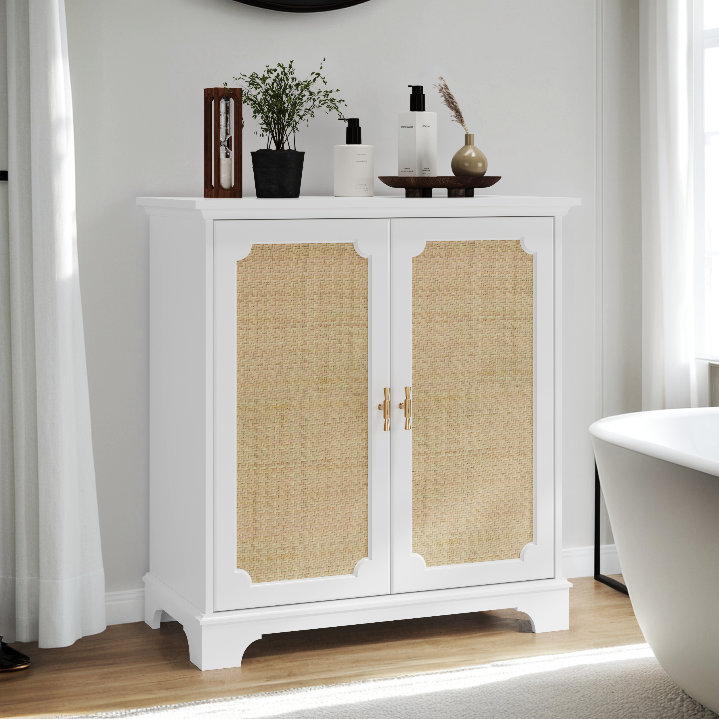Rattan Decorated Sideboard Buffet Storage Liquor Cabinet, White Particle Board & MDF, 31.10 x 14.96 x 34.25 inches