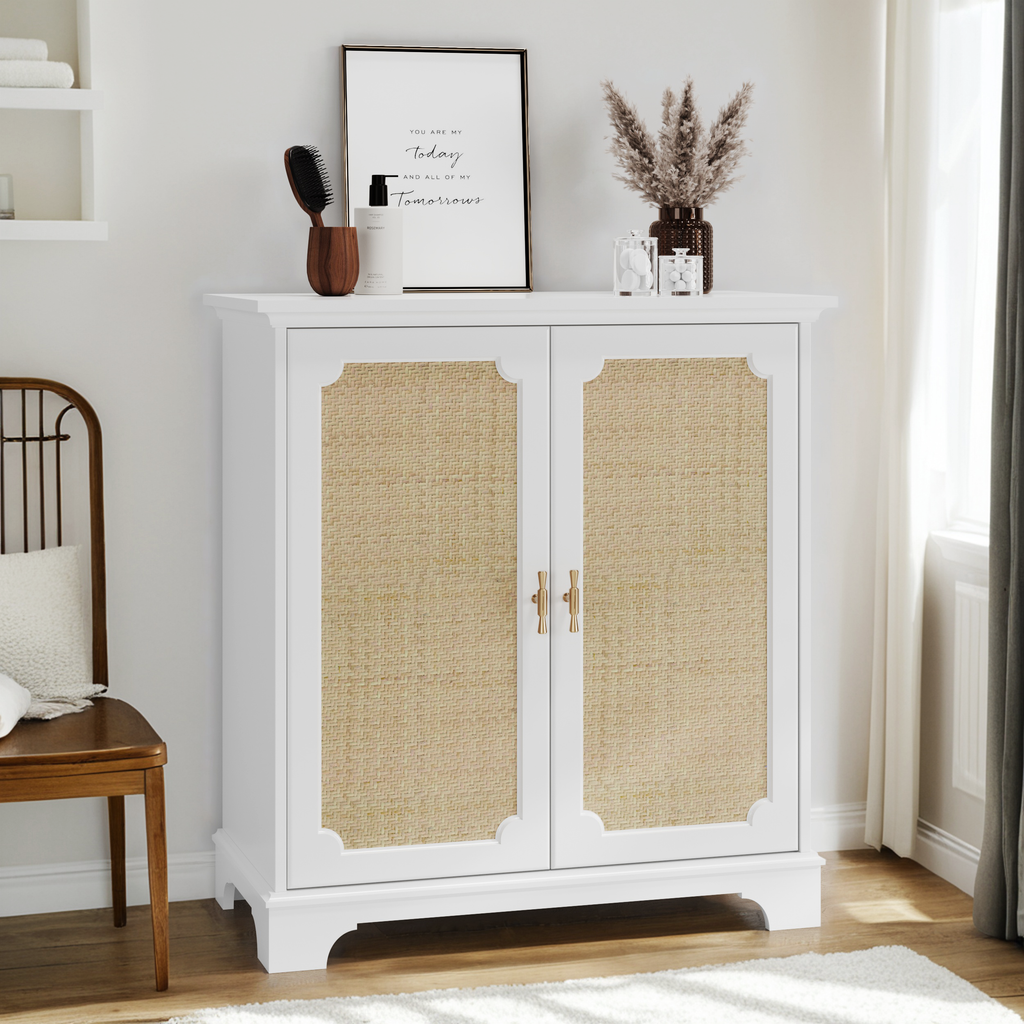 Rattan Decorated Sideboard Buffet Storage Liquor Cabinet, White Particle Board & MDF, 31.10 x 14.96 x 34.25 inches