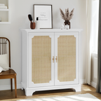 Rattan Decorated Sideboard Buffet Storage Liquor Cabinet, White Particle Board & MDF, 31.10 x 14.96 x 34.25 inches