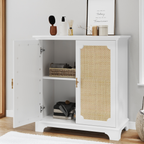 Rattan Decorated Sideboard Buffet Storage Liquor Cabinet, White Particle Board & MDF, 31.10 x 14.96 x 34.25 inches