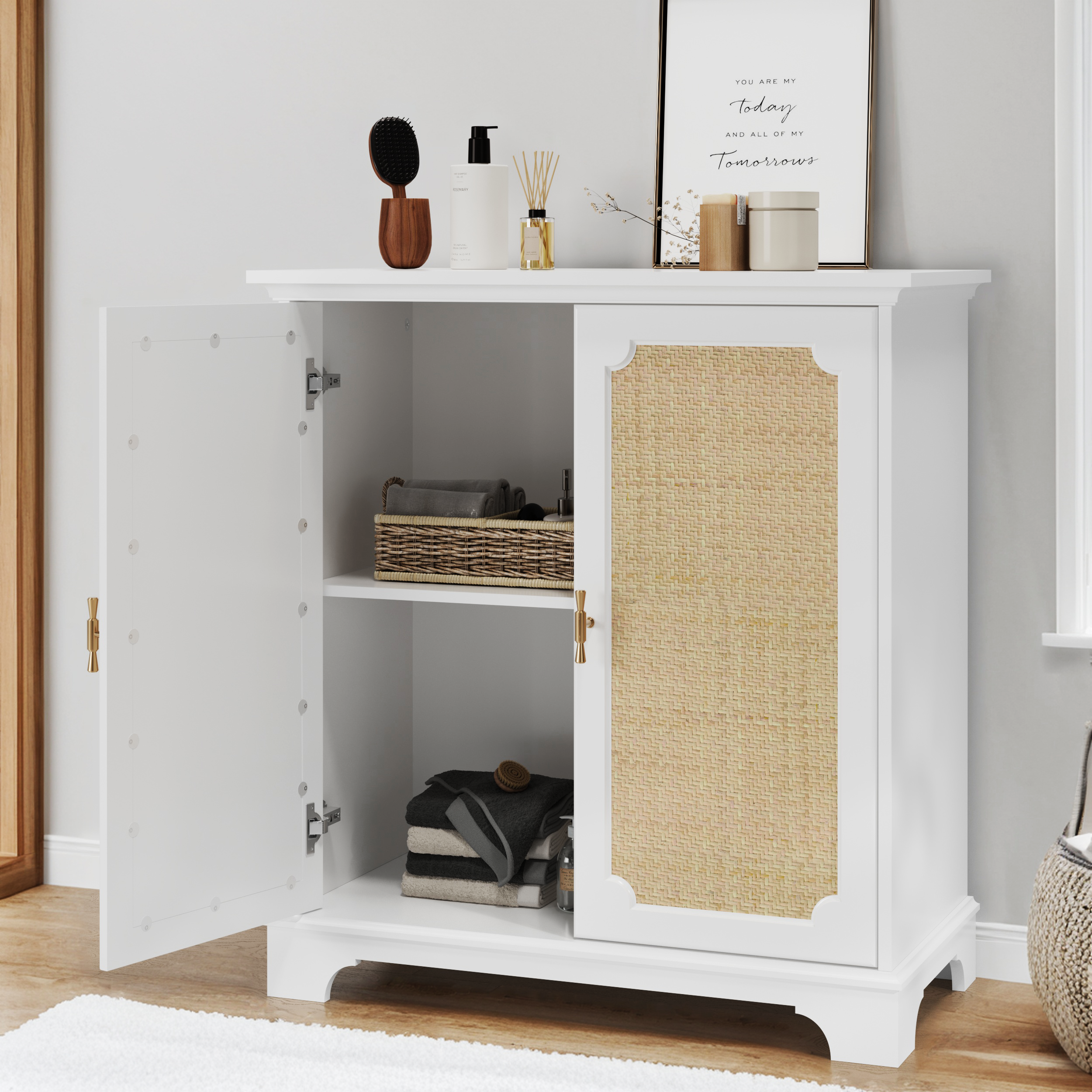 Rattan Decorated Sideboard Buffet Storage Liquor Cabinet, White Particle Board & MDF, 31.10 x 14.96 x 34.25 inches