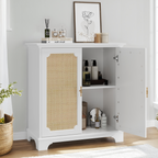 Rattan Decorated Sideboard Buffet Storage Liquor Cabinet, White Particle Board & MDF, 31.10 x 14.96 x 34.25 inches