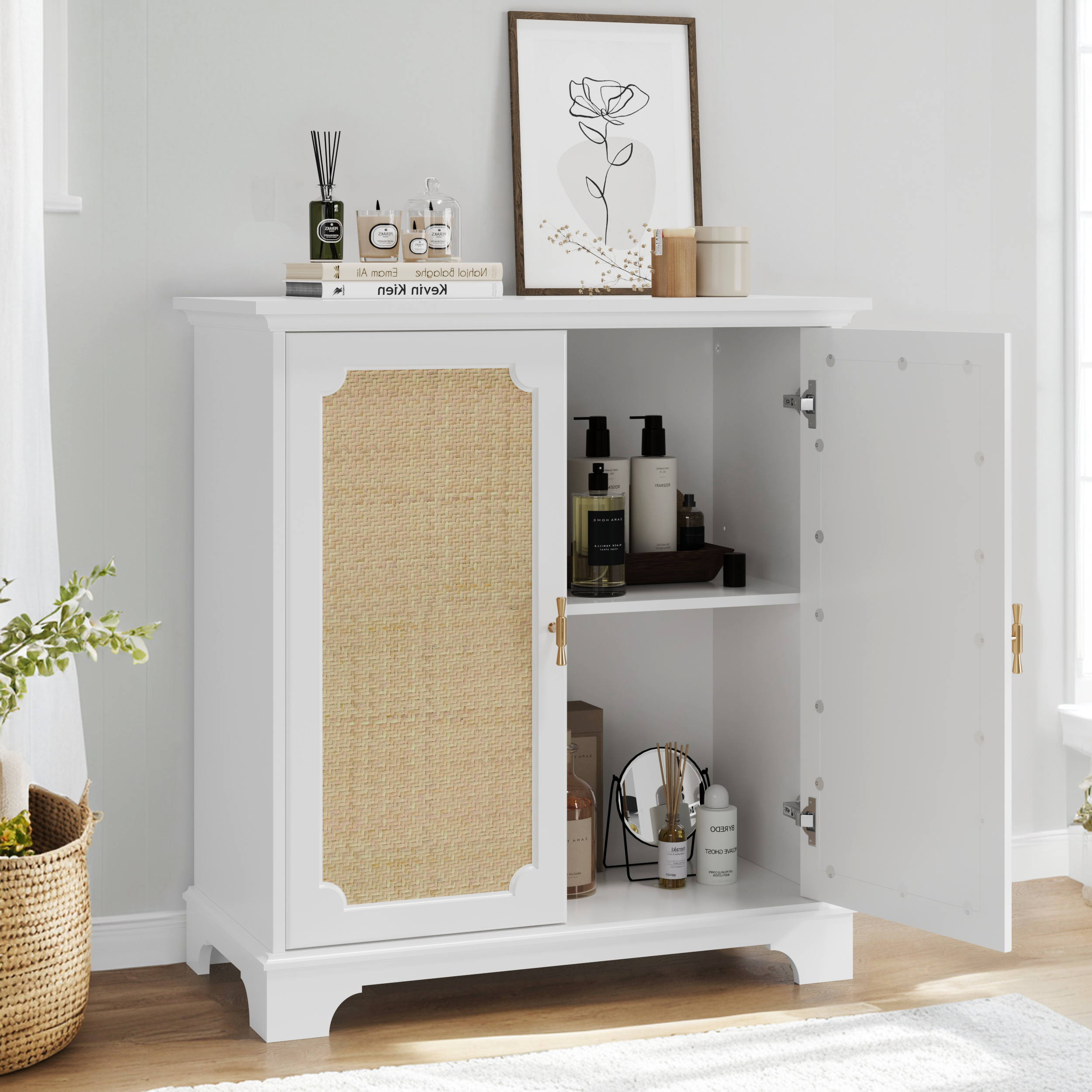 Rattan Decorated Sideboard Buffet Storage Liquor Cabinet, White Particle Board & MDF, 31.10 x 14.96 x 34.25 inches