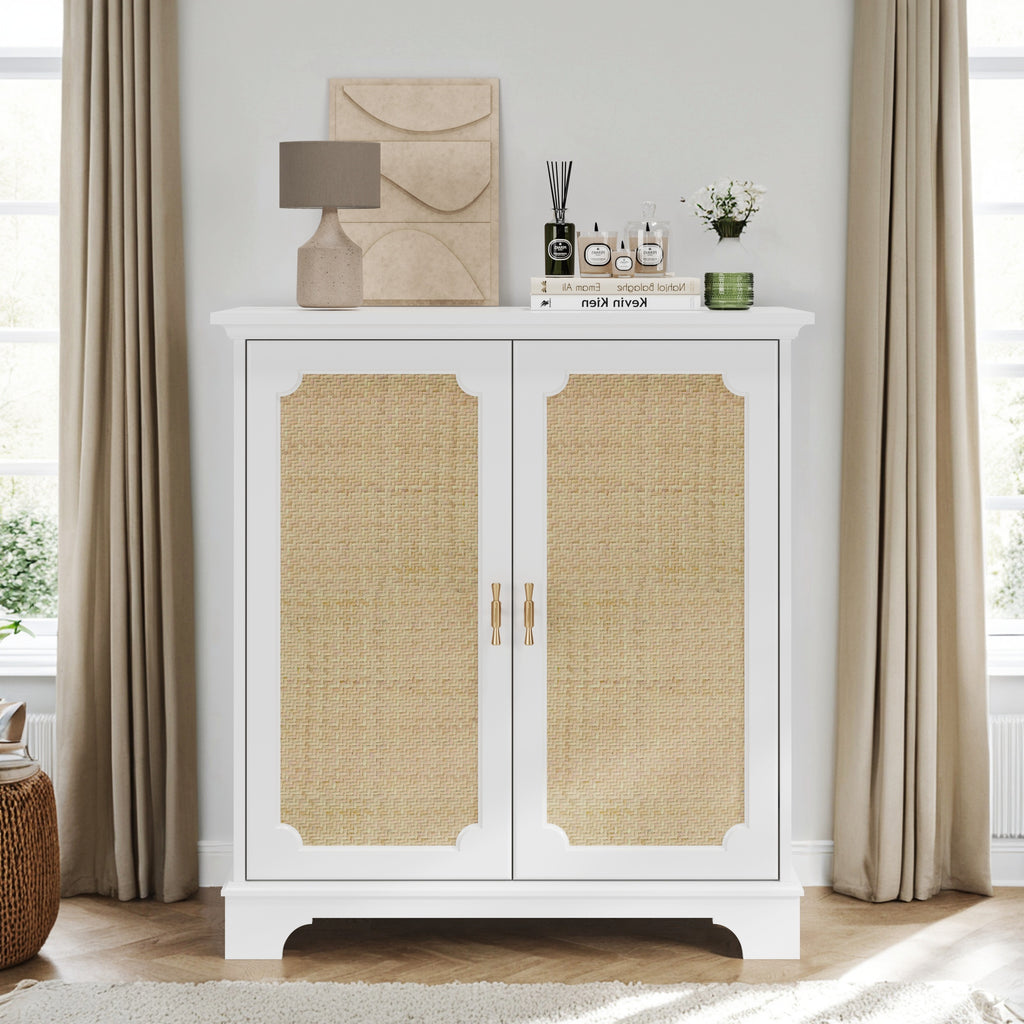 Rattan Decorated Sideboard Buffet Storage Liquor Cabinet, White Particle Board & MDF, 31.10 x 14.96 x 34.25 inches
