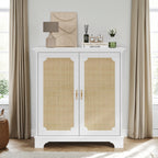Rattan Decorated Sideboard Buffet Storage Liquor Cabinet, White Particle Board & MDF, 31.10 x 14.96 x 34.25 inches