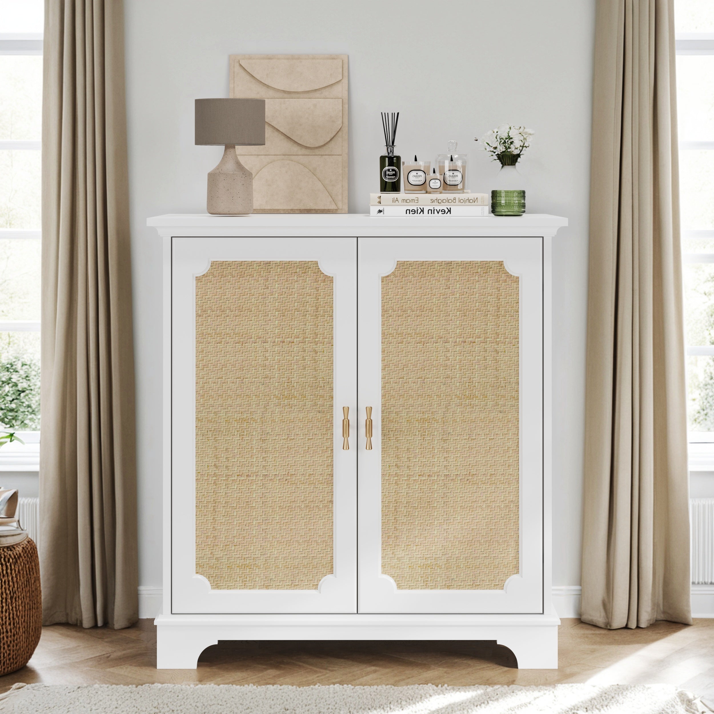 Rattan Decorated Sideboard Buffet Storage Liquor Cabinet, White Particle Board & MDF, 31.10 x 14.96 x 34.25 inches