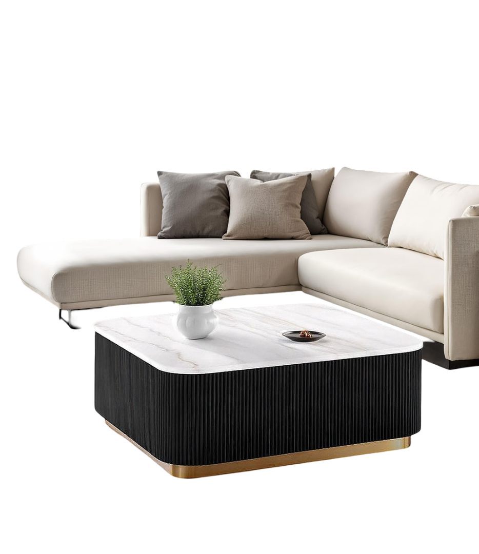 1pc Square Cocktail Table Marble Top Gold Accent Plinth Base Black White And Gold Finish Primary Living Room Coffee Table