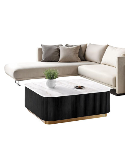 1pc Square Cocktail Table Marble Top Gold Accent Plinth Base Black White And Gold Finish Primary Living Room Coffee Table