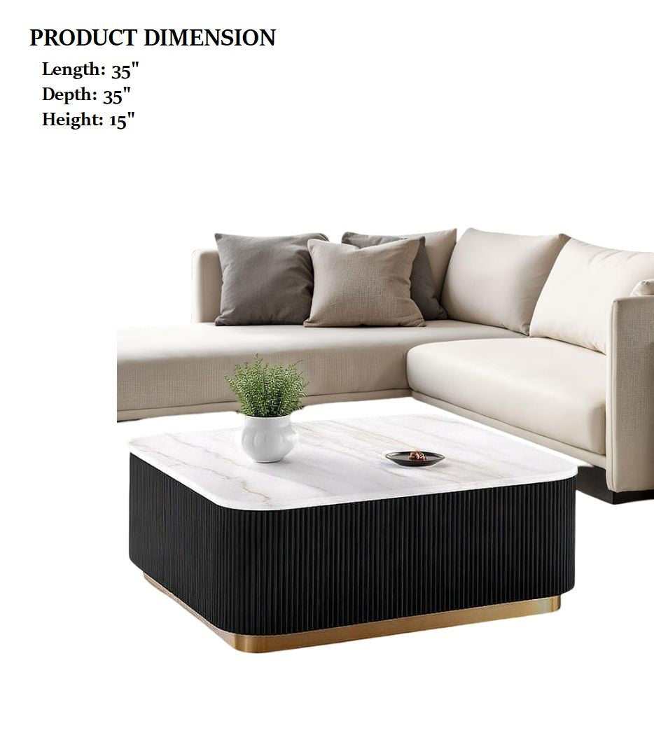 1pc Square Cocktail Table Marble Top Gold Accent Plinth Base Black White And Gold Finish Primary Living Room Coffee Table