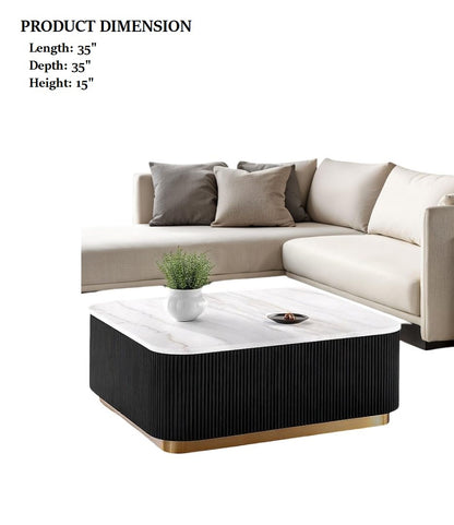 1pc Square Cocktail Table Marble Top Gold Accent Plinth Base Black White And Gold Finish Primary Living Room Coffee Table