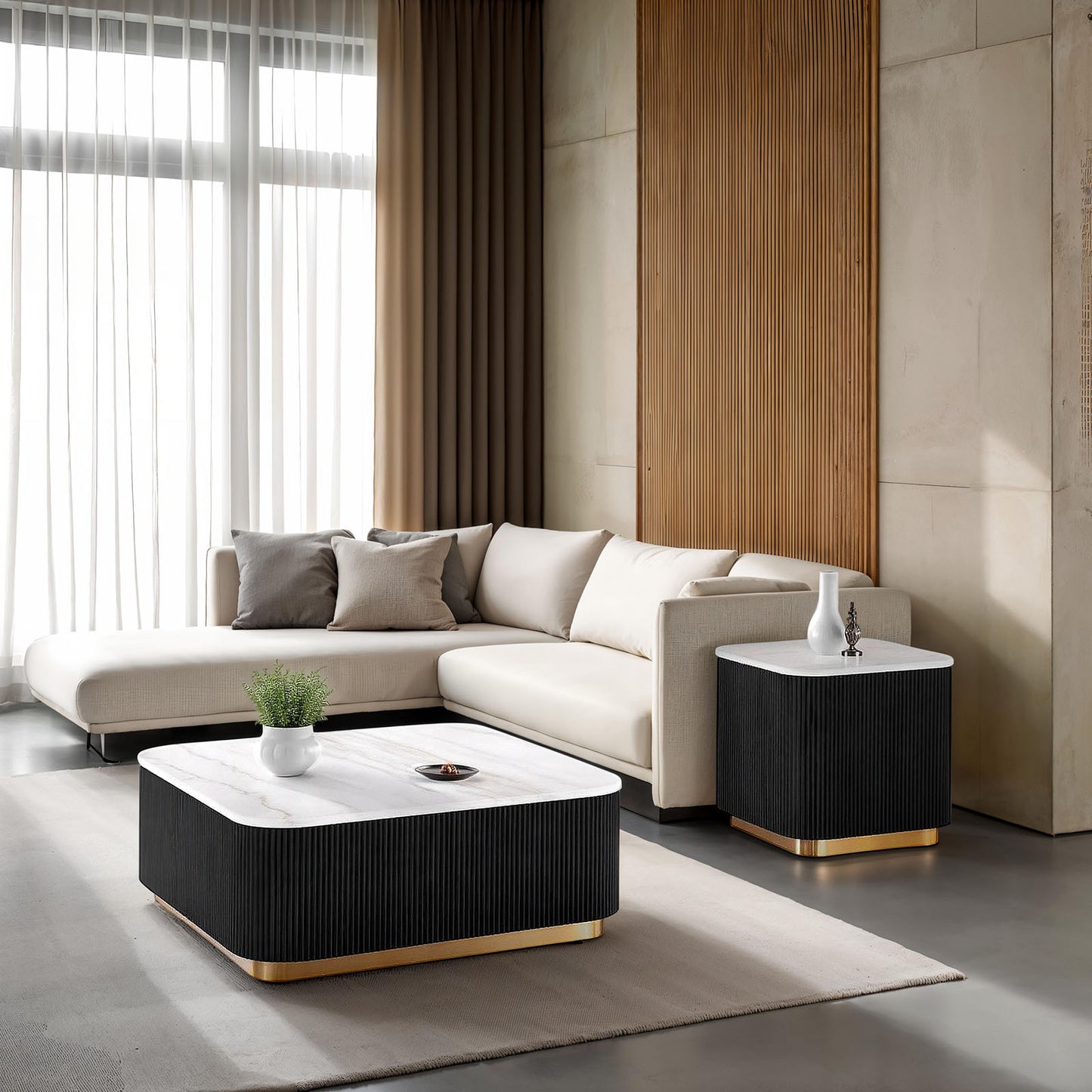 1pc Square Cocktail Table Marble Top Gold Accent Plinth Base Black White And Gold Finish Primary Living Room Coffee Table