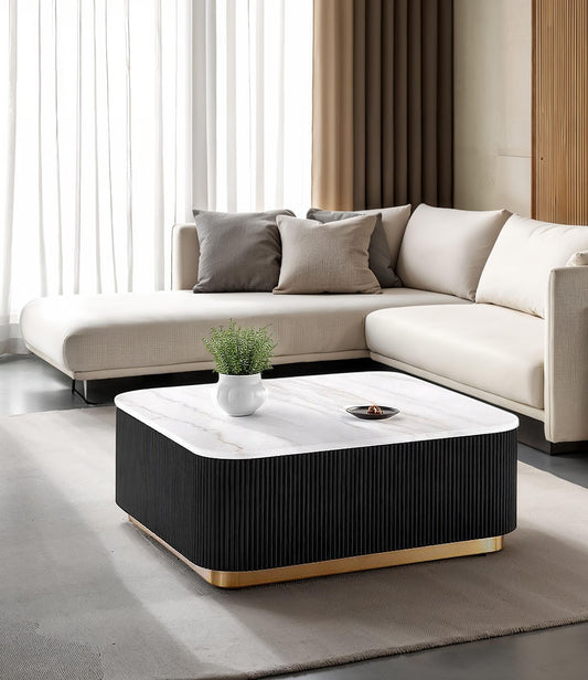 1pc Square Cocktail Table Marble Top Gold Accent Plinth Base Black White And Gold Finish Primary Living Room Coffee Table