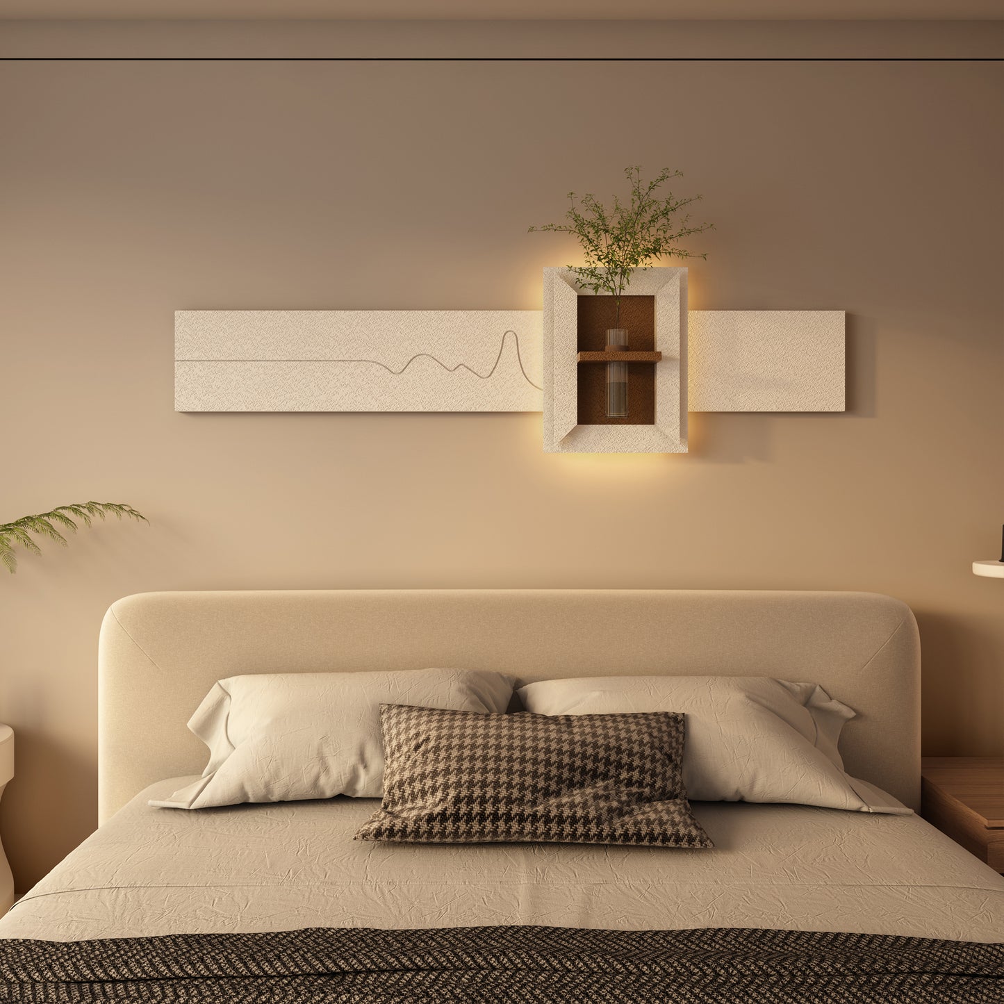 BotaniBeam Adjustable 3-Color LED Sandstone Wall Decor with Simulated Plants - 3D Art Sculpture, Glass Vase & Remote Control Light