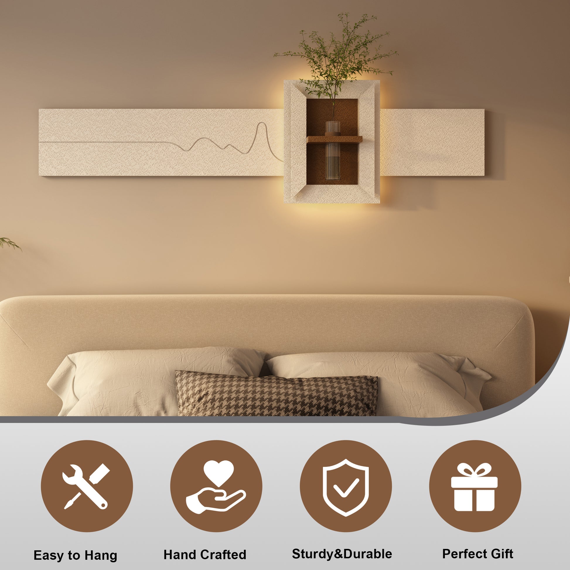 BotaniBeam Adjustable 3-Color LED Sandstone Wall Decor with Simulated Plants - 3D Art Sculpture, Glass Vase & Remote Control Light