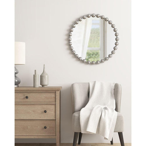 Stylish Beaded Round Silver Wall Mirror, 27-Inch Diameter.