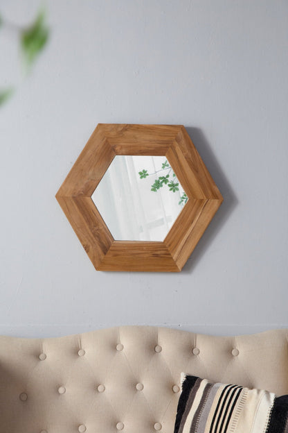 18.5" x 18.5" Hexagon Mirror with Natural Wood Frame, Wall Decor for Living Room Bathroom Hallway, - Groovy Boardz
