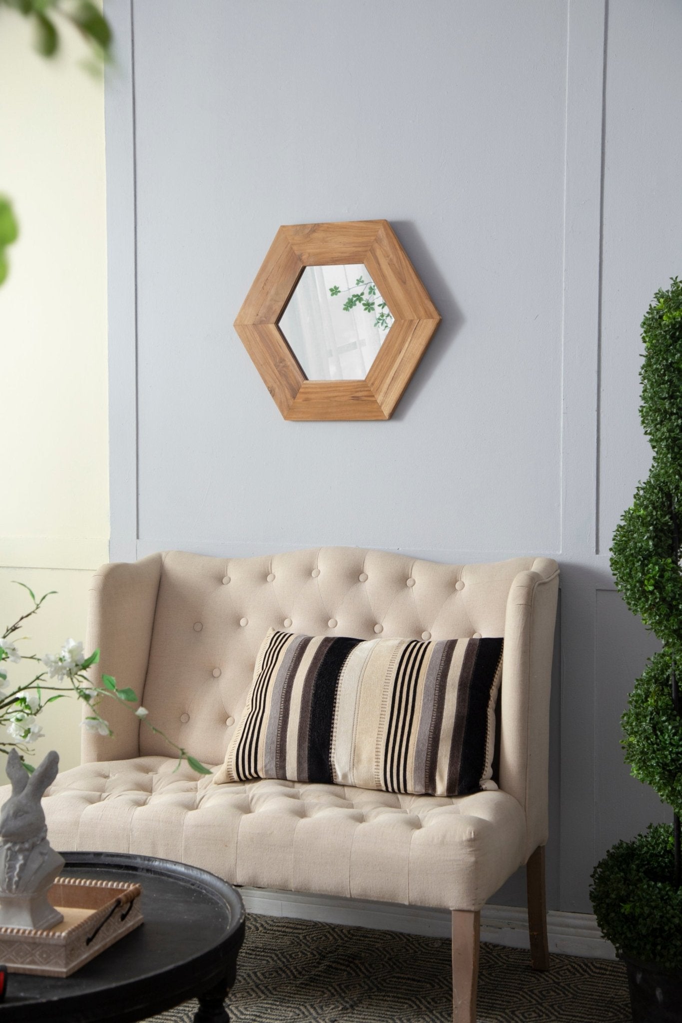 18.5" x 18.5" Hexagon Mirror with Natural Wood Frame, Wall Decor for Living Room Bathroom Hallway, - Groovy Boardz