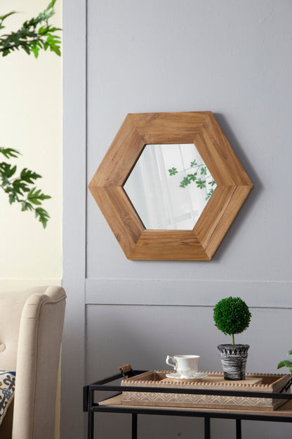 18.5" x 18.5" Hexagon Mirror with Natural Wood Frame, Wall Decor for Living Room Bathroom Hallway, - Groovy Boardz