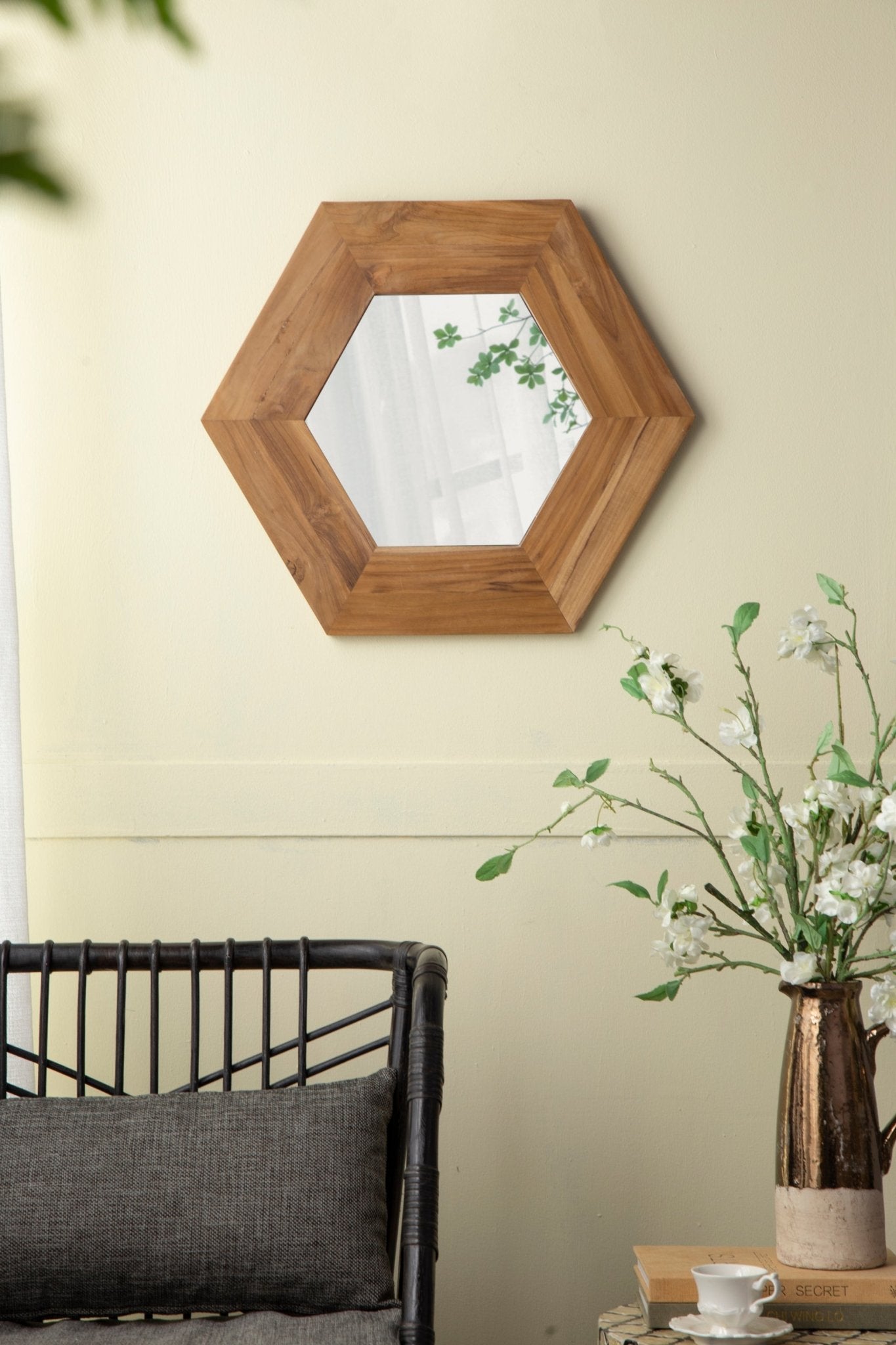 18.5" x 18.5" Hexagon Mirror with Natural Wood Frame, Wall Decor for Living Room Bathroom Hallway, - Groovy Boardz