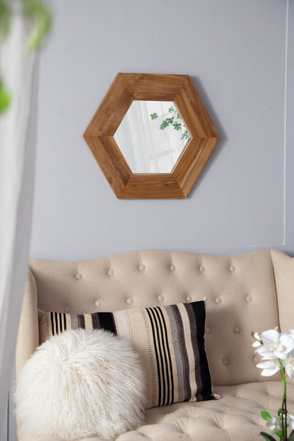 18.5" x 18.5" Hexagon Mirror with Natural Wood Frame, Wall Decor for Living Room Bathroom Hallway, - Groovy Boardz