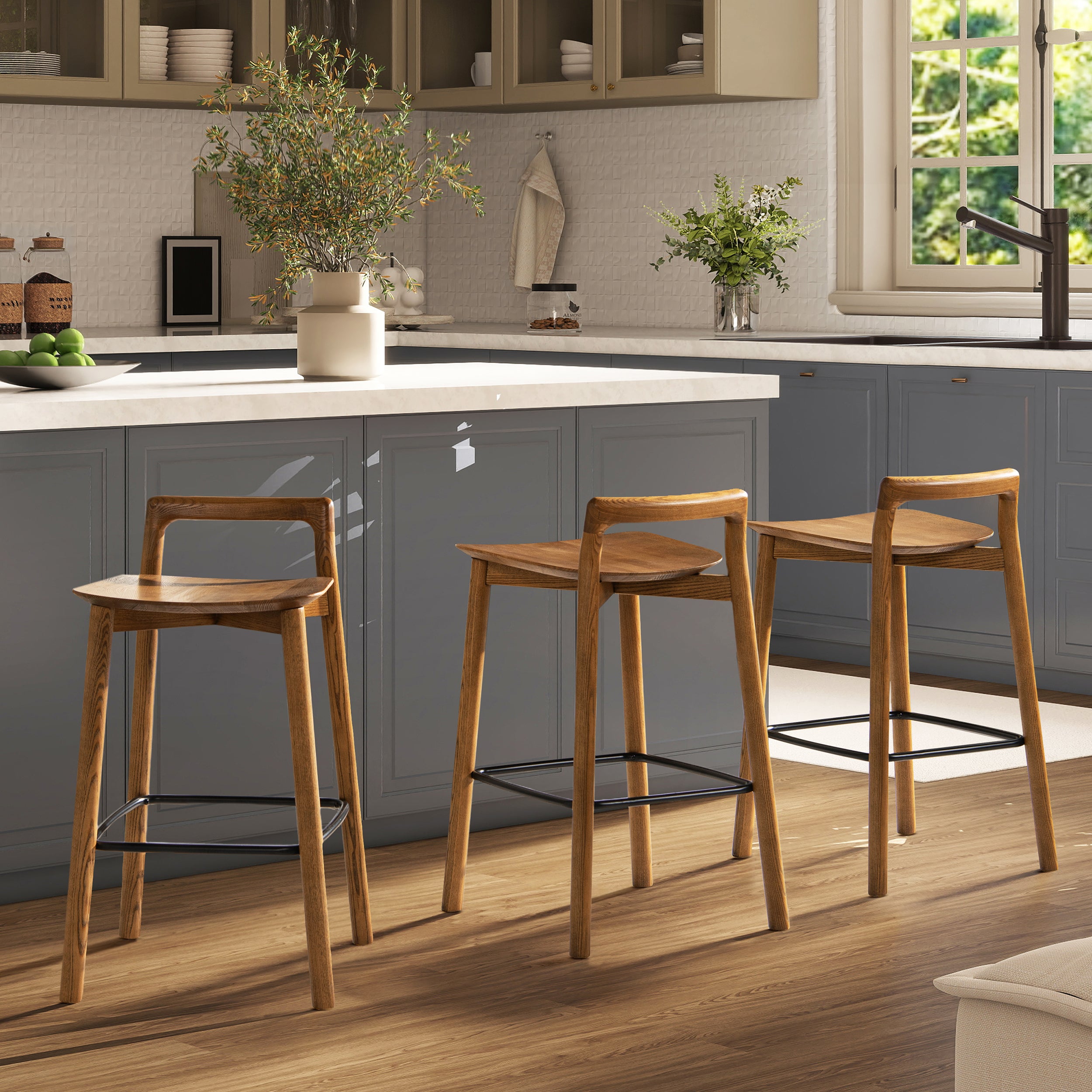 Sven 26.5' Modern Minimalist Low Back Wood Counter Stool, Dark Brown Walnut