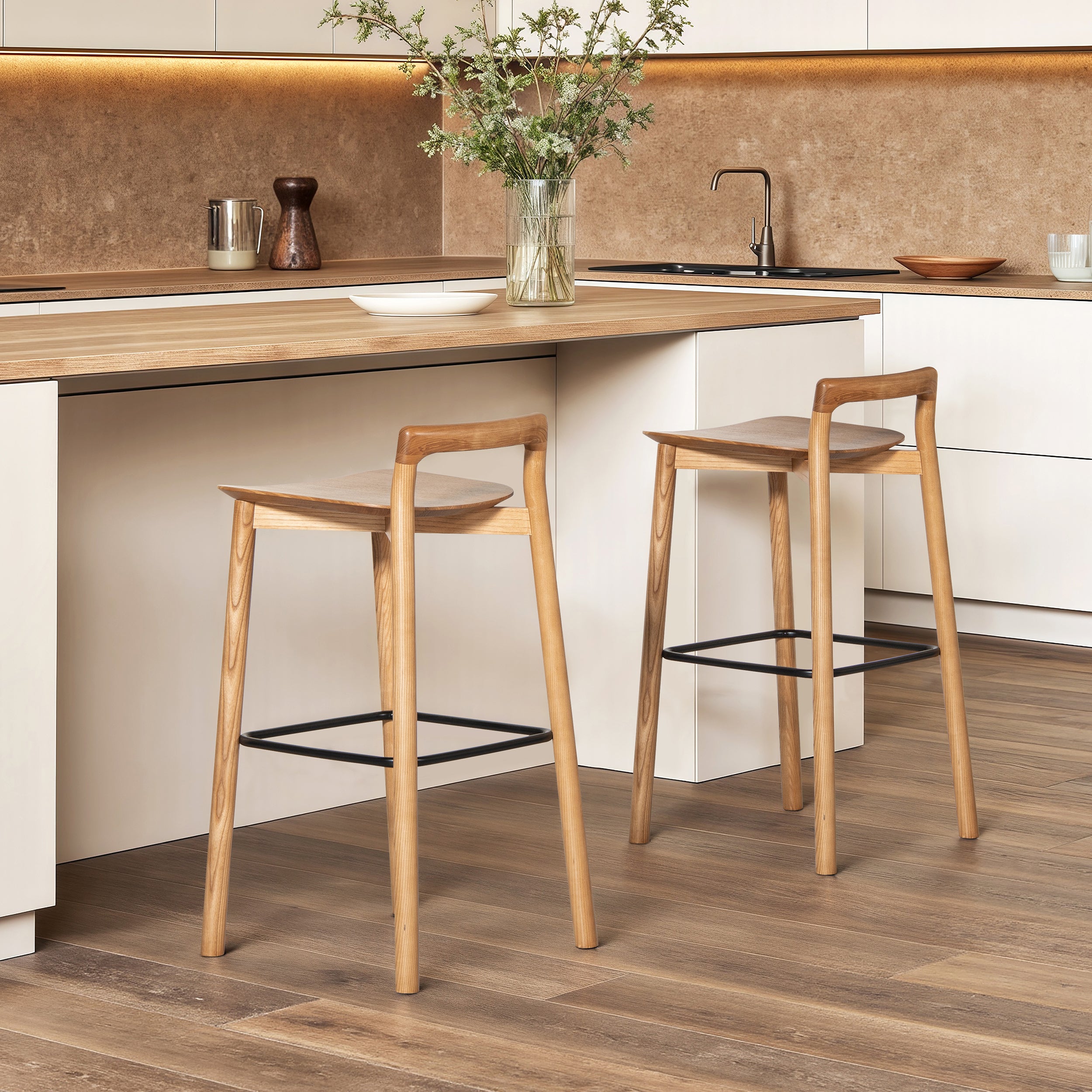 Sven 30' Modern Minimalist Low Back Wood Barstool, Natural Blonde Ash Wood Bar Stools