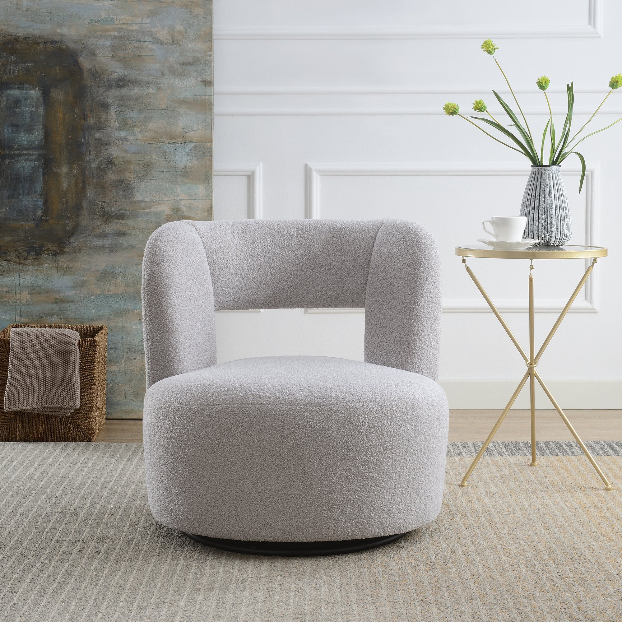 Swivel Barrel Chair with Soft Teddy Fabric, Comfy Round Accent Chair for Living Room.Upholstered Performance Fabric for Living Room Bedroom Reading Waitingroom,1 PC,Teddy Grey
