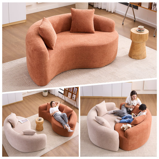 Tai Chi Inspired S-Curved Chenille Sectional Sofa, Dual-Depth, Coral Pink, No Assembly, Compact Design