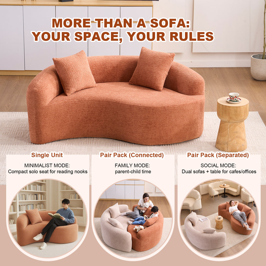 Tai Chi Inspired S-Curved Chenille Sectional Sofa, Dual-Depth, Coral Pink, No Assembly, Compact Design