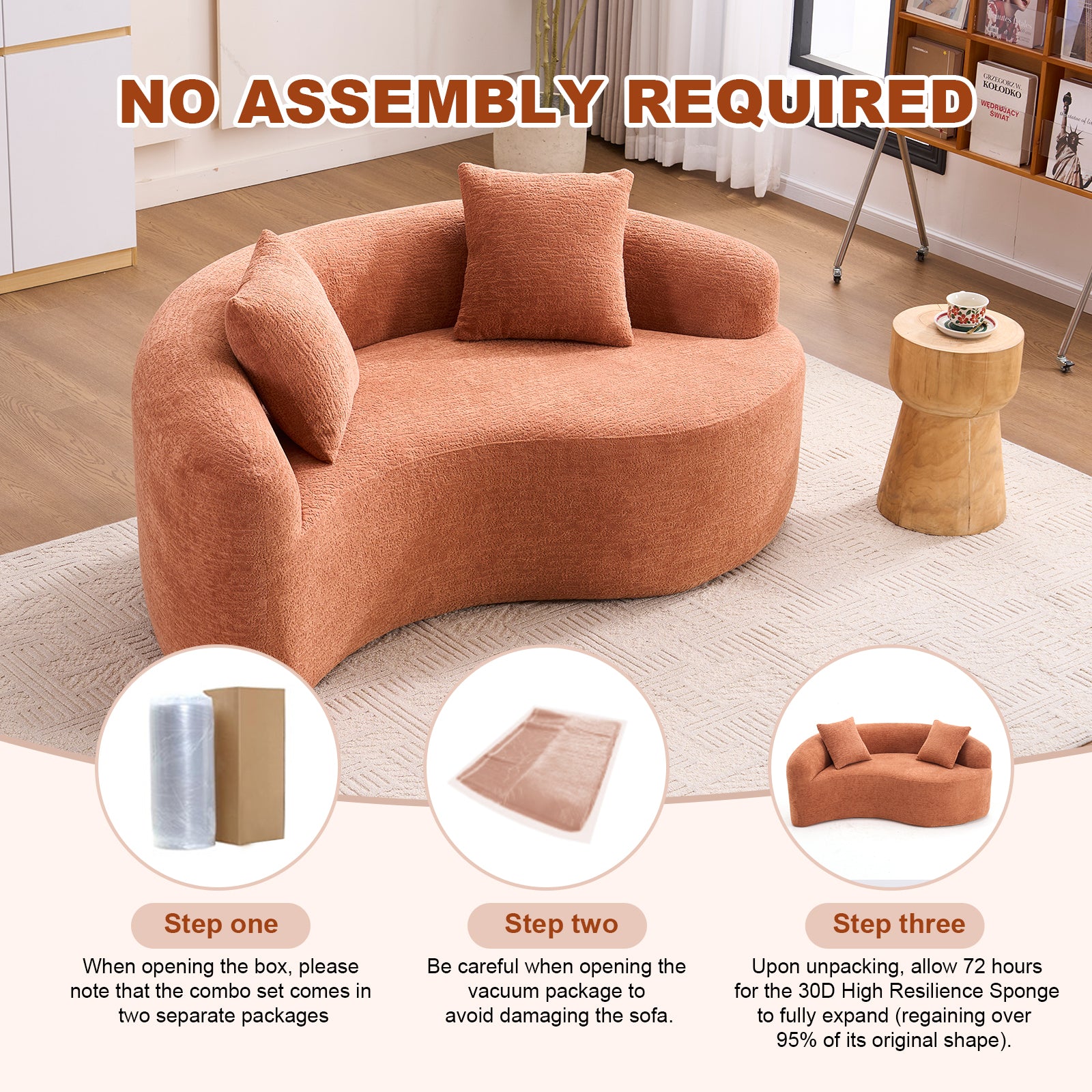 Tai Chi Inspired S-Curved Chenille Sectional Sofa, Dual-Depth, Coral Pink, No Assembly, Compact Design