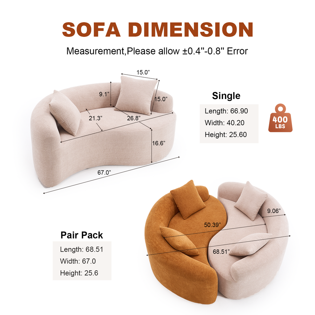 Tai Chi Inspired LY-042 S-Curved Chenille Sectional Sofa, Dual-Depth, Beige, Compact Design, No Assembly, 66.9' L