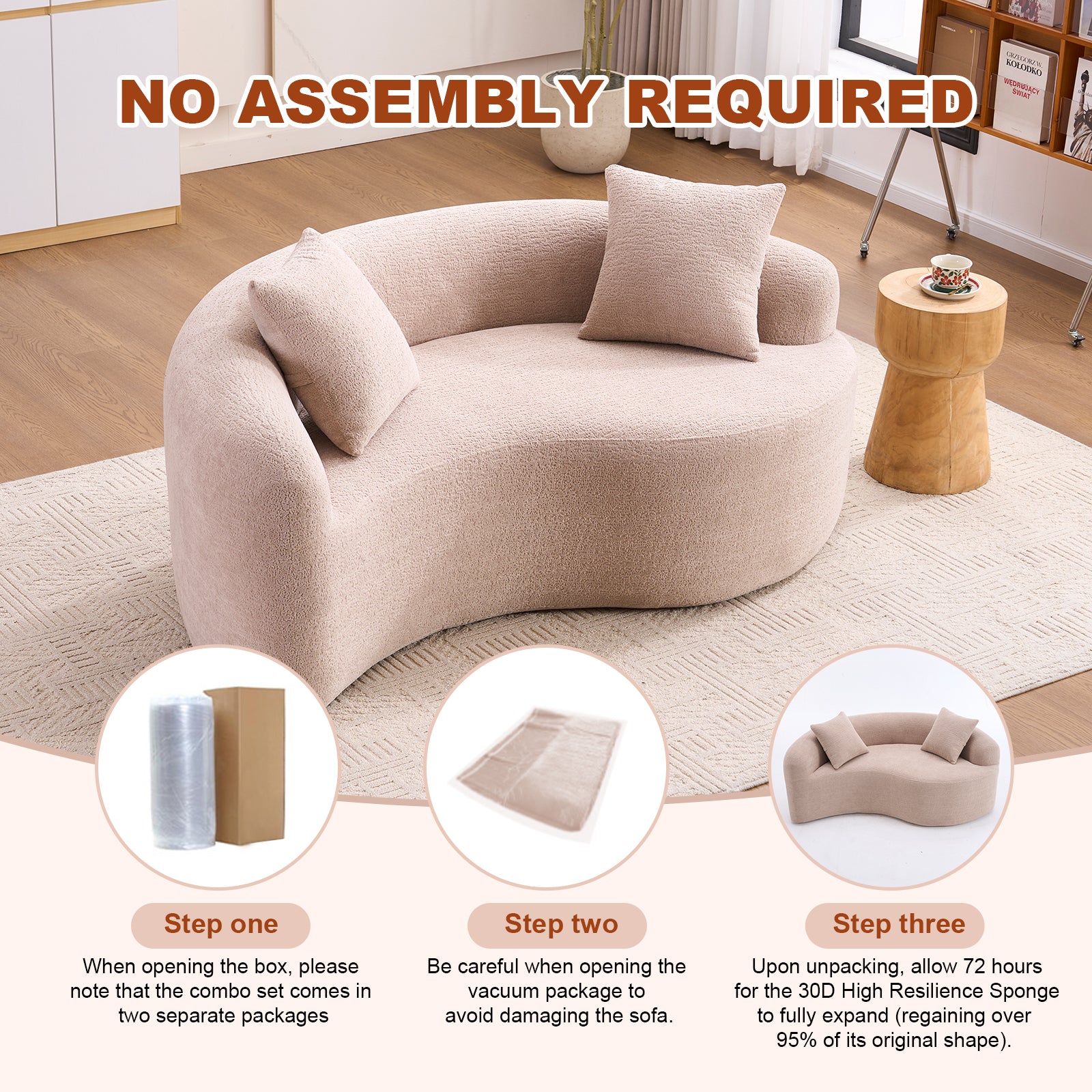 Tai Chi Inspired LY-042 S-Curved Chenille Sectional Sofa, Dual-Depth, Beige, Compact Design, No Assembly, 66.9' L