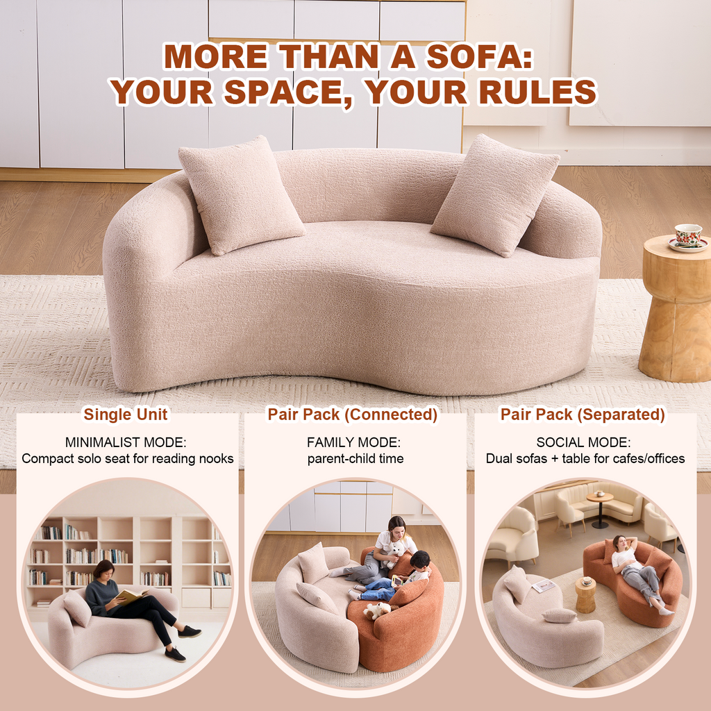 Tai Chi Inspired LY-042 S-Curved Chenille Sectional Sofa, Dual-Depth, Beige, Compact Design, No Assembly, 66.9' L